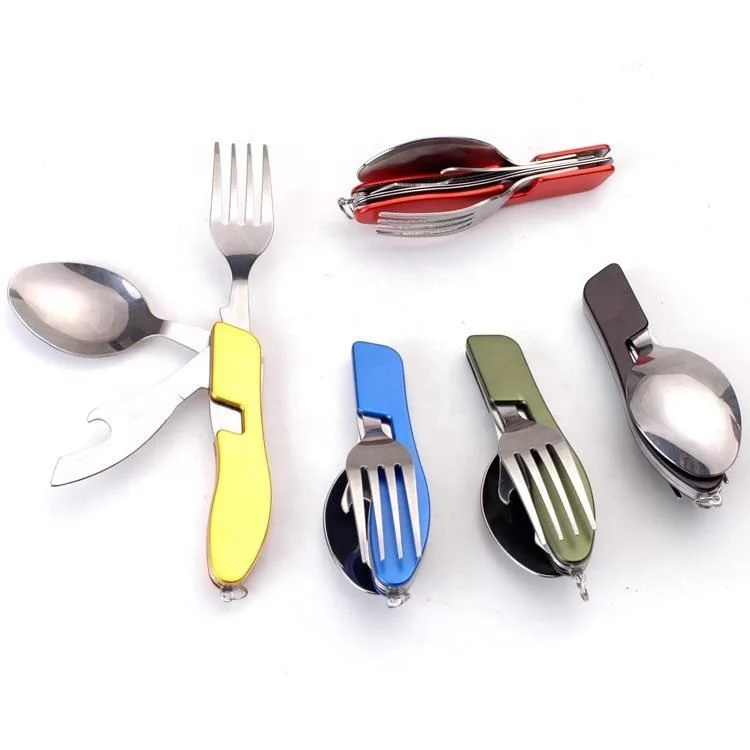 Foldable stainless steel fork spoon knife opener outdoor tableware travel camping cutlery kit set