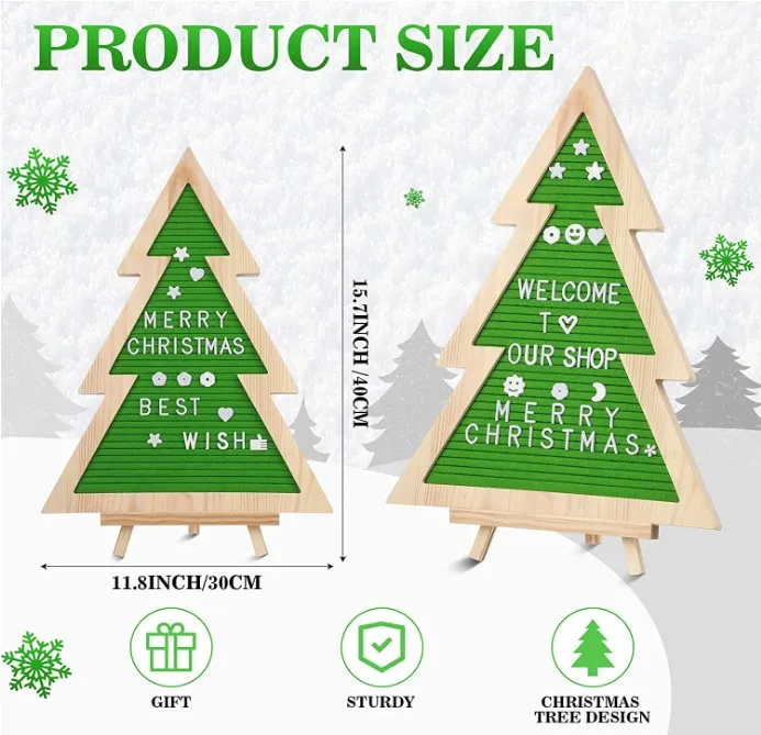 Christmas Tree Felt Letter Board Wood Frame Letterboard Wooden Felt Message Board for Christmas Decor