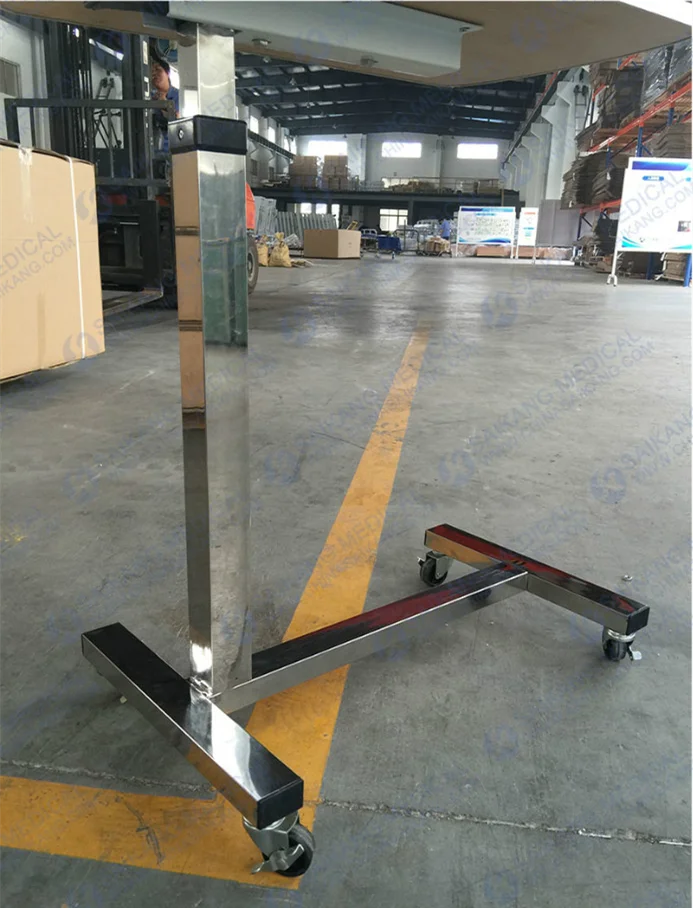 Height adjustable hospital equipment overbed table with wheels