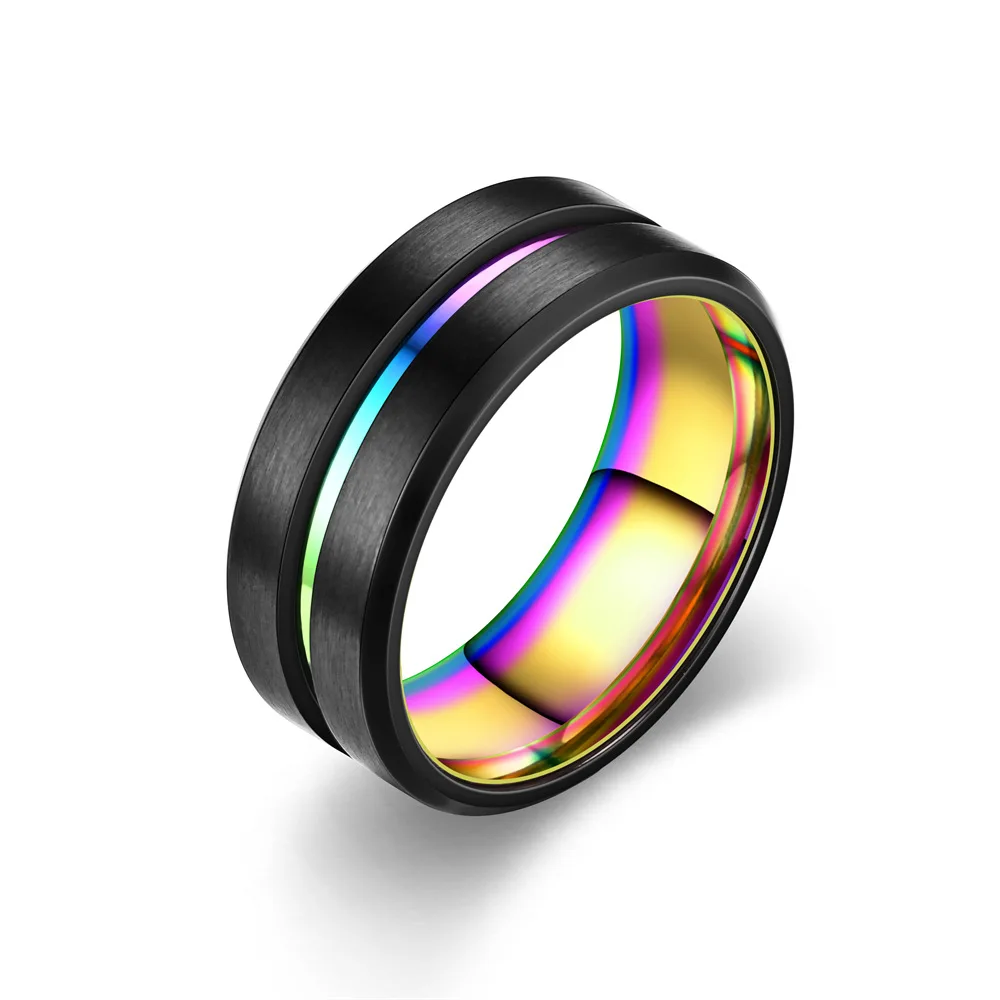 8mm Rainbow Line Mens Wedding Band ring Engagement Men Tungsten Carbide Black Rainbow tungsten steel Rings