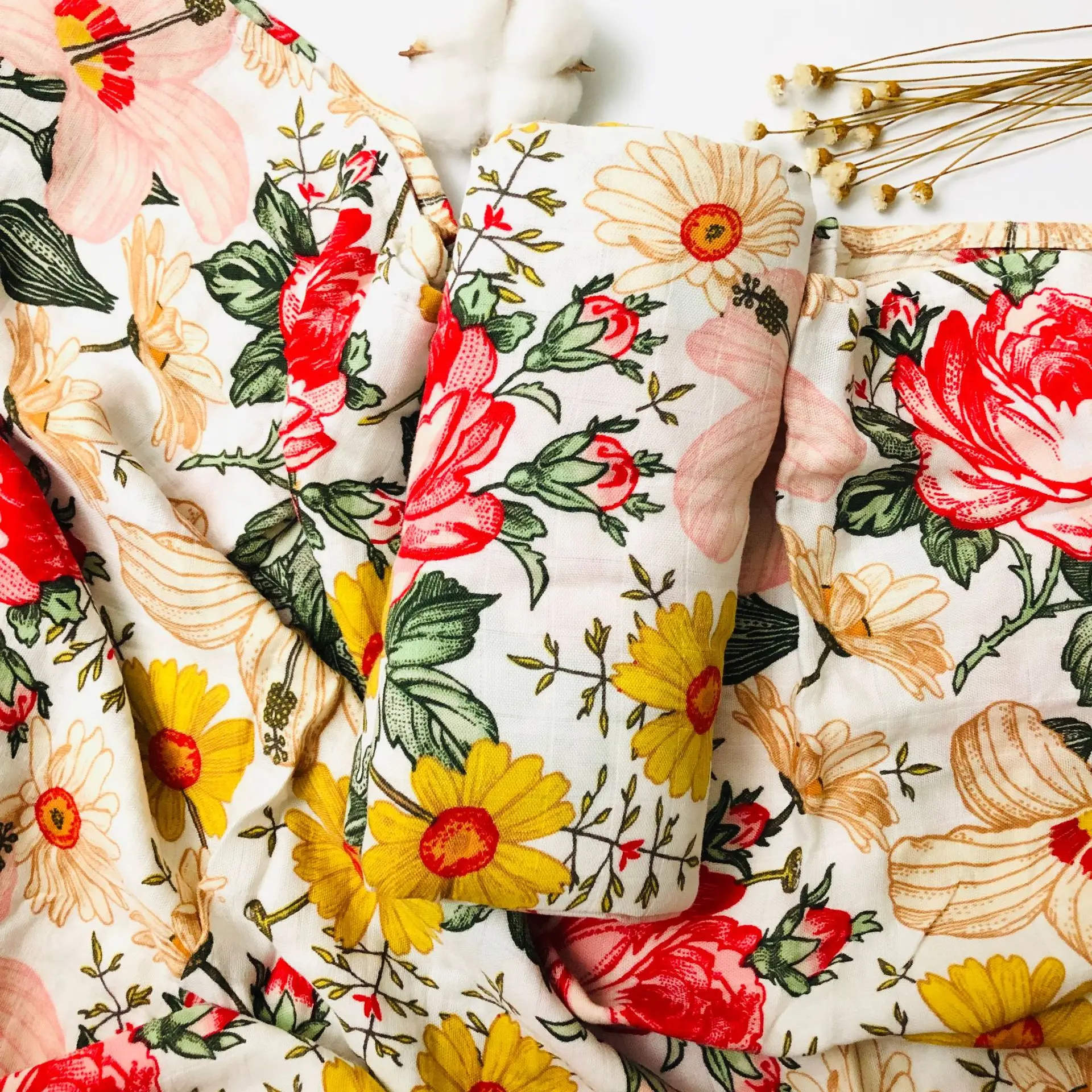 Newborn double layer blanket toddler towel Infant swaddle wraps organic bamboo cotton floral printed baby muslin blankets