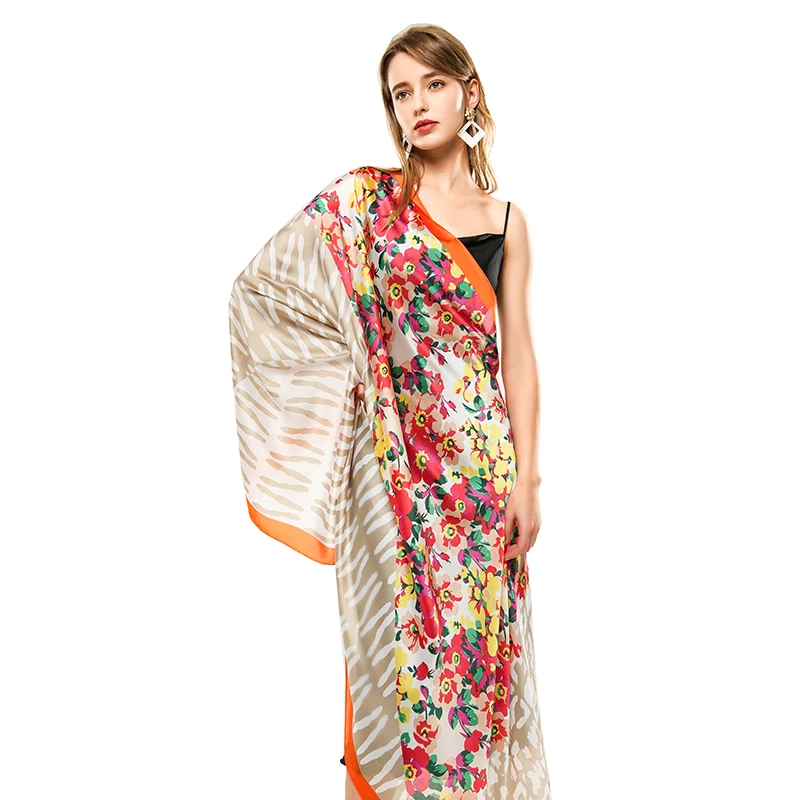 180X90cm triangle stitching twill flower print design soft scarfs for women stylish floral shawl silk scarves