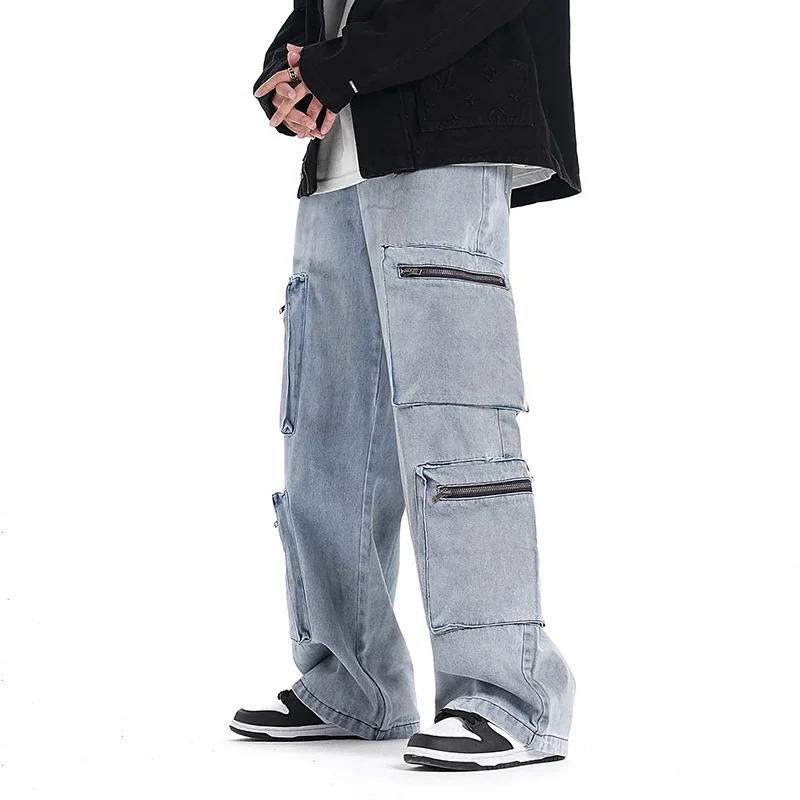 GDTEX ODM OEM custom cargo pants men jeans cargo pocket baggy jeans men multi pocket denim jeans