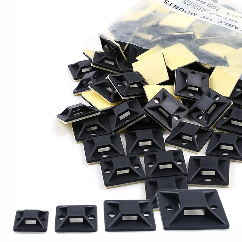 25*25mm Black PE PA66 100PCS 1in Self Adhesive Cable Clamp Zip Tie Holder Nylon Screw Fixing Cable Tie Mount Base