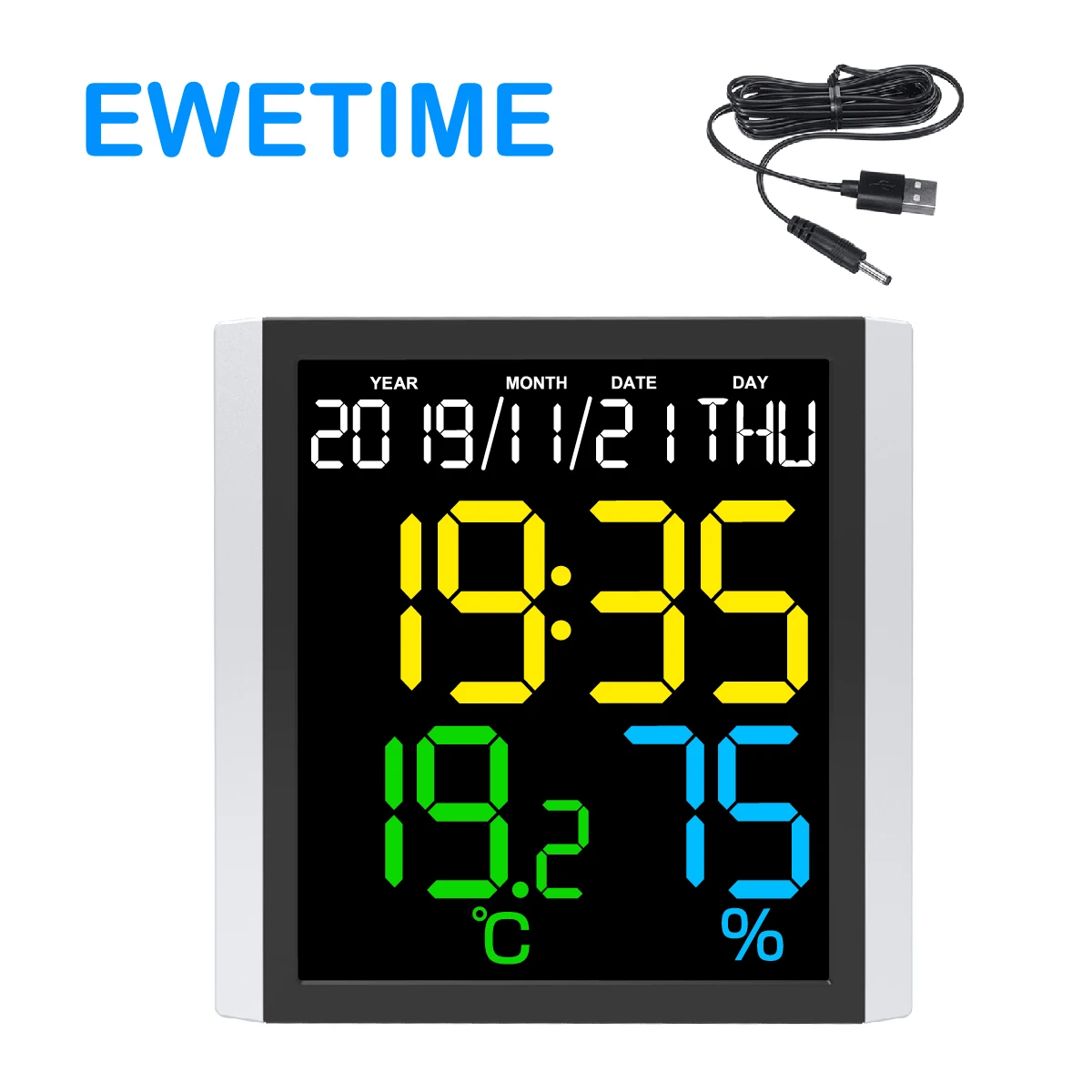 EWETIME LED Display Table Clock with Thermometer and Hygrometer Decoration Square Large Screen Backlight Modern