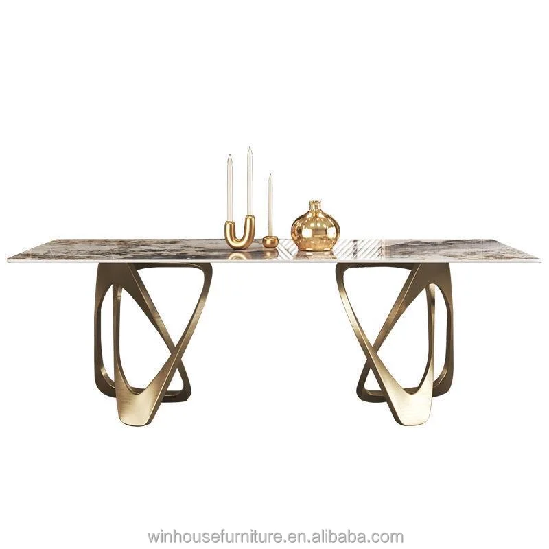 Luxury stainless steel dining table dinning set with 6 chairs dining table with mable top dining room furniture