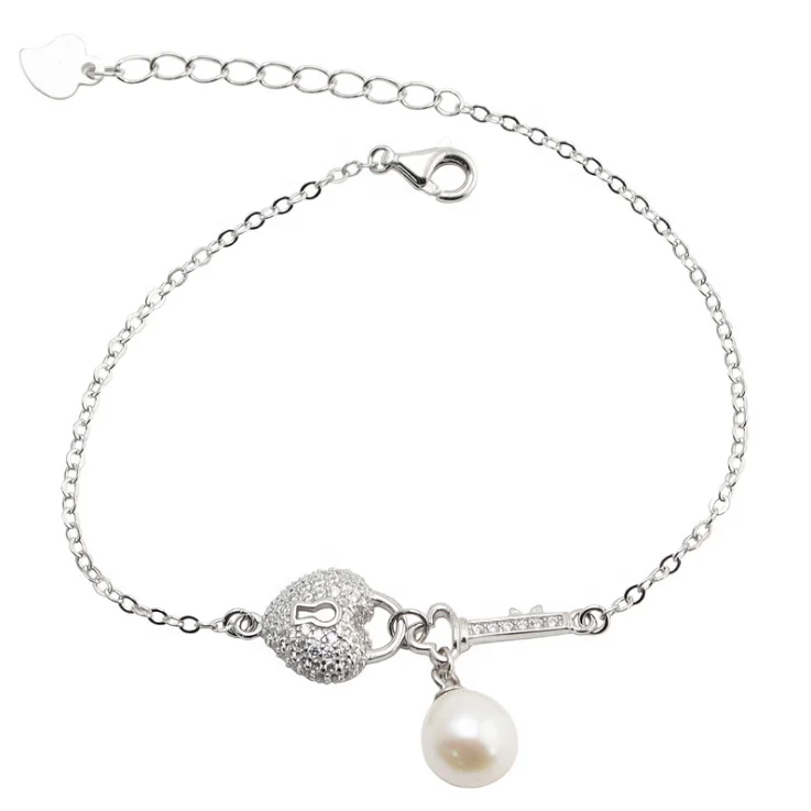 96B 7-8mm Pearl High Quality Hand Bracelet Square Artificial Cubic Zircon 925 Sterling Silver Bracelet