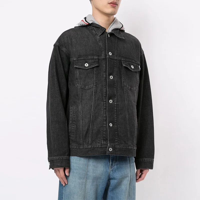 2022 Winter New Design Black Cotton Embroidered Shark Camouflage Pattern  Layered Denim Jacket For Men