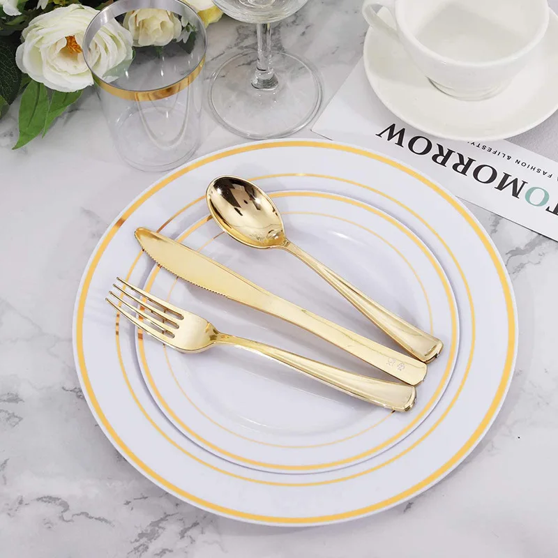 6 7.5 9 10.25inch Plastic PS Rose Gold Pink Tableware Disposable Plates Set for Wedding Birthday Party Decorations Supplies
