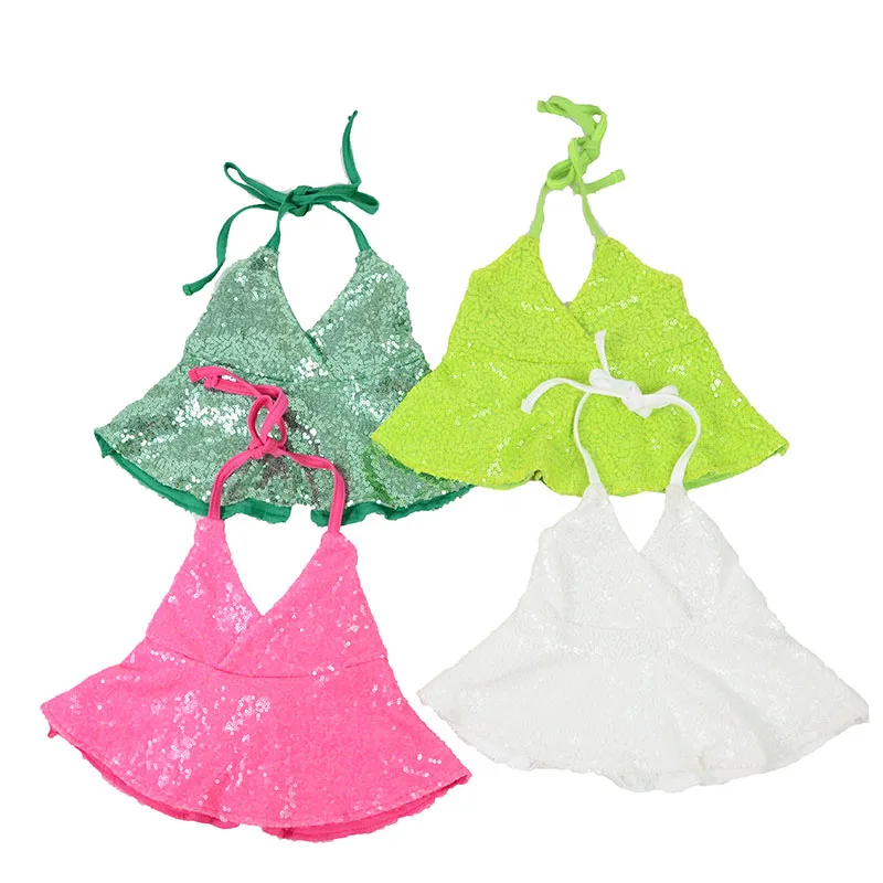 Летняя повседневная детская футболка R1 с принтом для девочек, детский жилет для девочек, детские топы на молнии с блестками и воротником-халтером