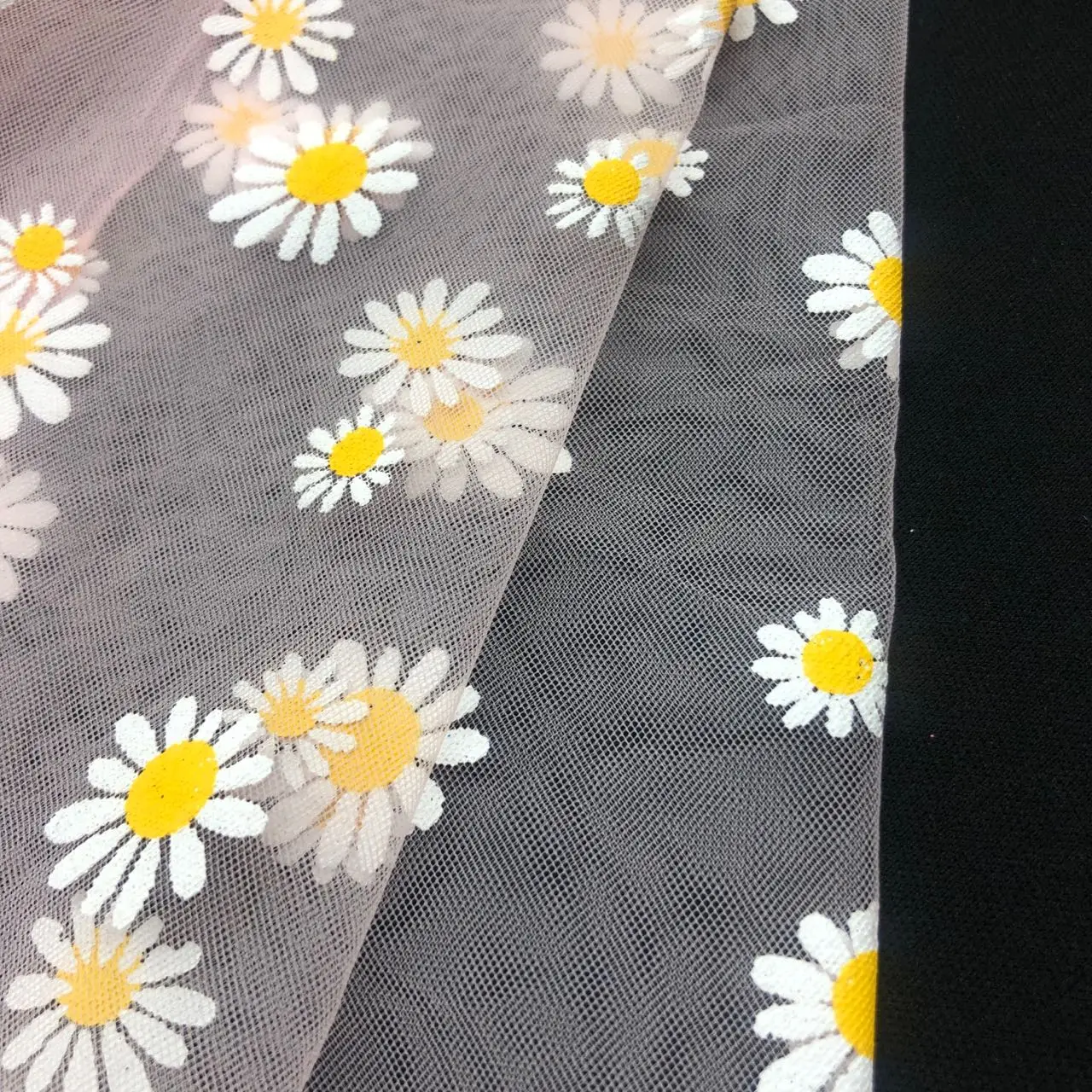 Factory Direct High Quality 100 nylon soft flower tulle mesh DTY puff print Little Daisy wedding lace fabric FOR KIDS GIRL dress