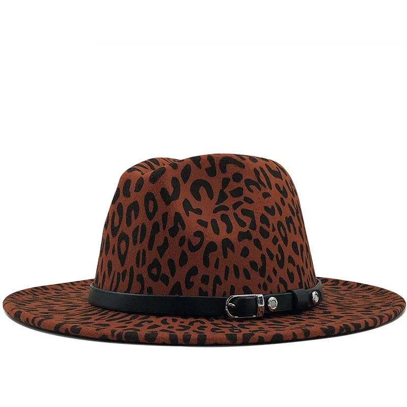 
Fashion Leopard Wool Felt Music Festival Party Cowboy Hats Men Women Fedora Hats with Leather Belt Buckle Wide Brim Panama Hats 