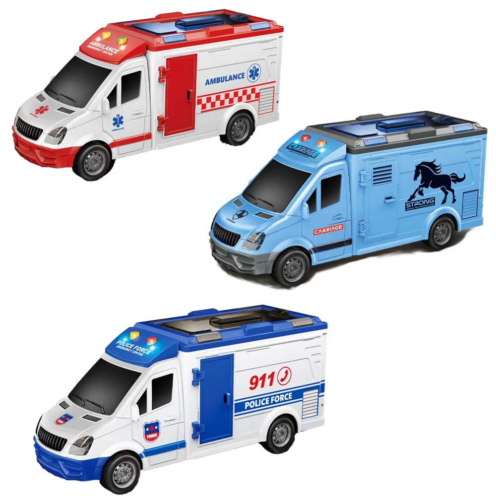 Wholesale 1.16 scale inertia can open doors Light music Ambulance police car Dinosaur car