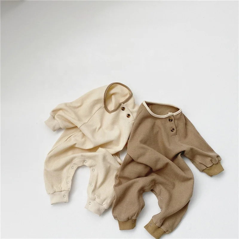 Spring Korean infant waffle comfortable simple one-piece jumpsuits baby boys and girls  long sleeves clothes