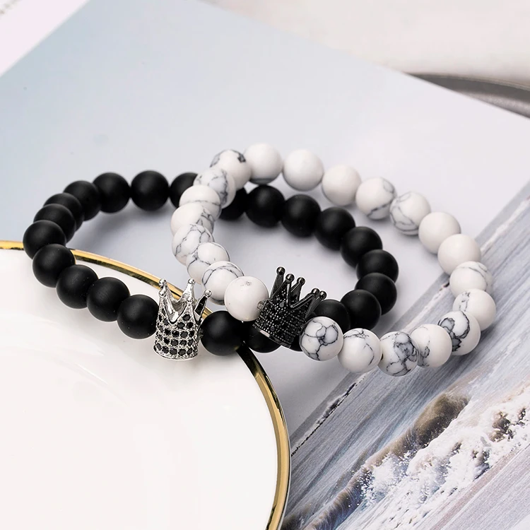 
Hot Sell Crown Natural Stone Couple Bracelet Men Women White Turquoise Black Onyx Beaded Bracelets 