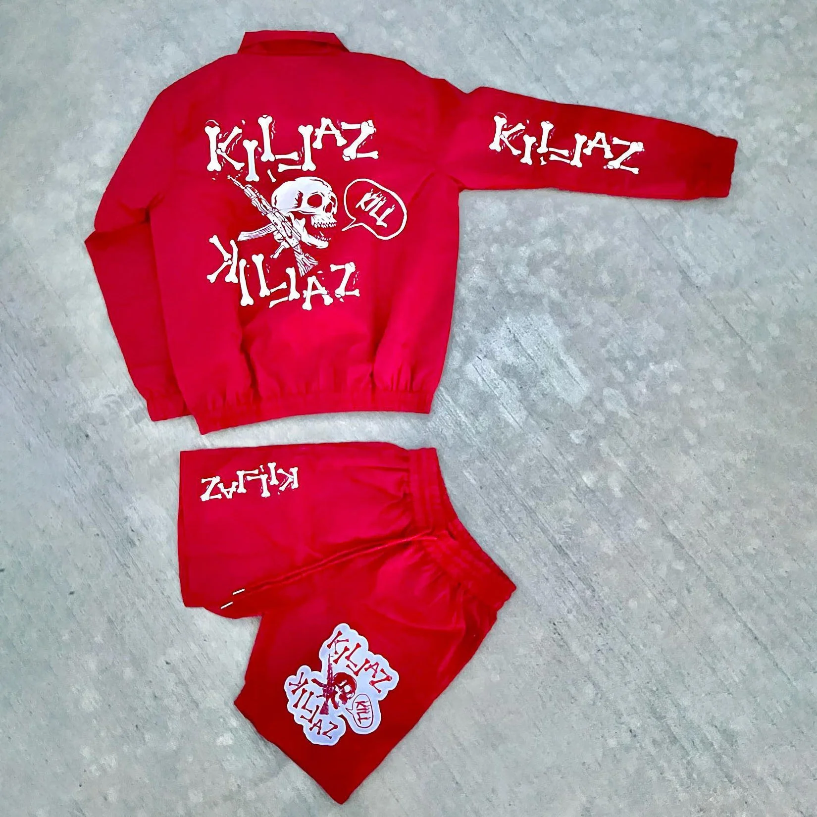 Custom Skull Screen Print Tracksuit Sports Coat 2 Pieces Set Nylon Zip Up Jacket Windbreaker And Sweat Short Set For Men