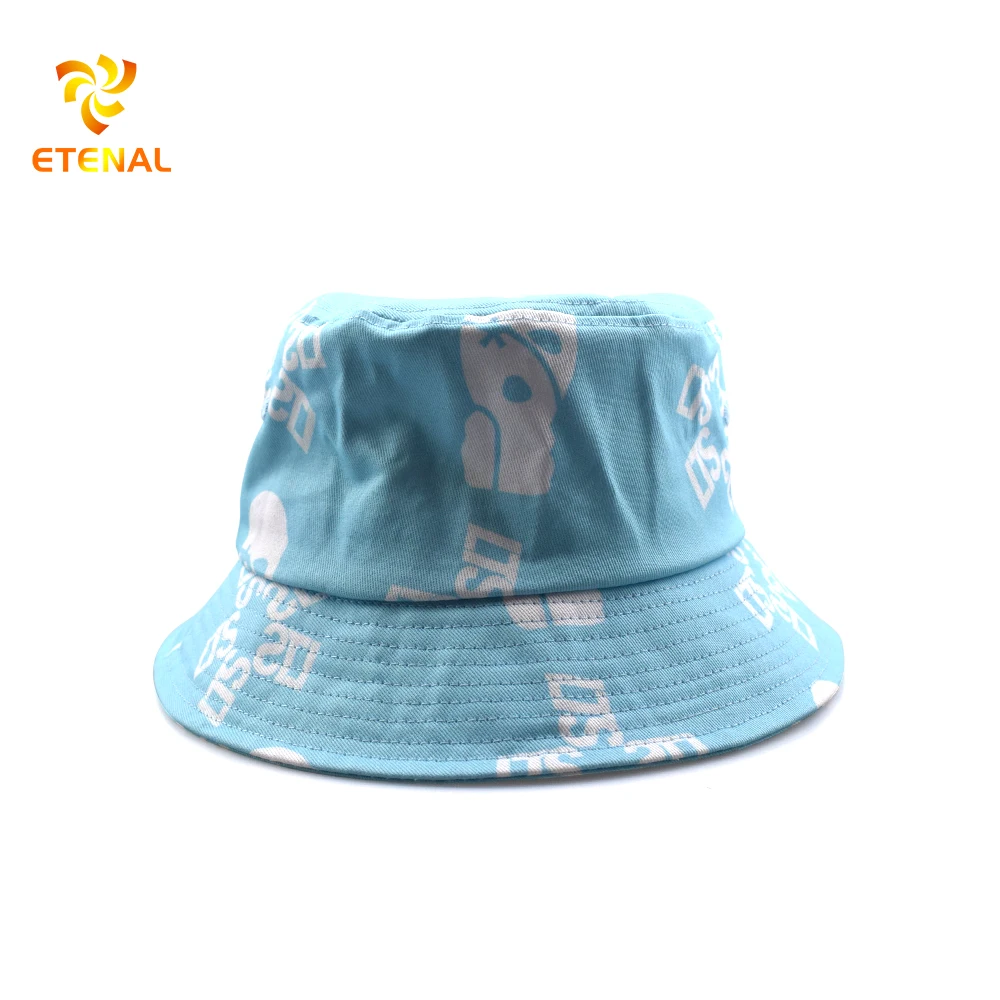 Reversible Custom Logo Allover Printed and Embroidered Cotton Fisherman Bucket Hat With Private Brand Label