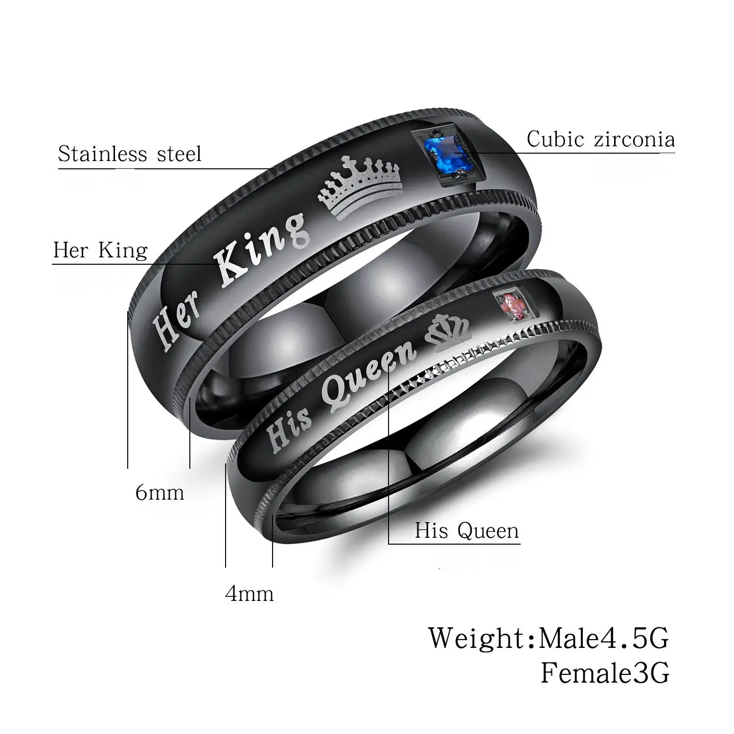 Wholesale Stainless Steel Her King His Queen Couple Ring Rose Gold And Black Wedding Band Ring  for Couples Men Women
