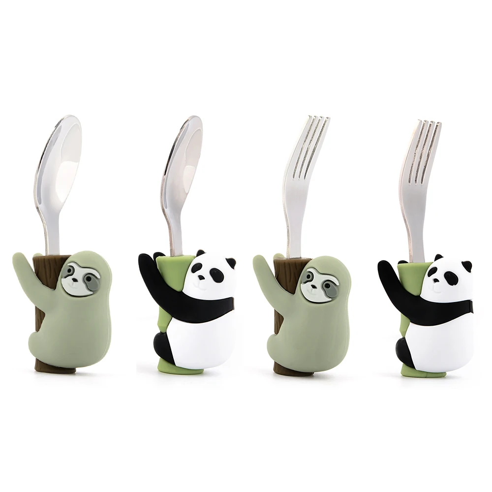 Popular Panda Spoons Silicone and Stainless steel Baby Eating Kids Spoon and Fork Set with Case