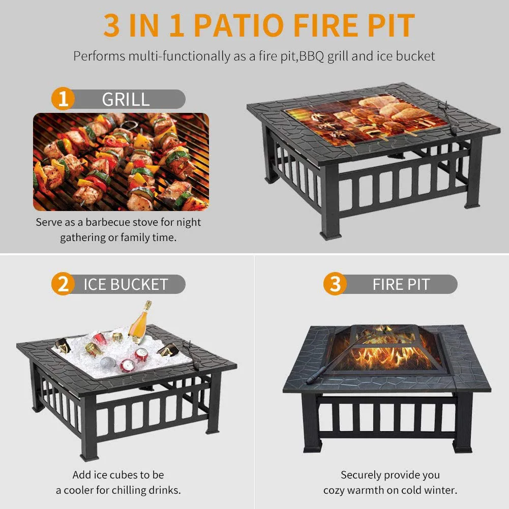 3 in 1 BBQ Grill Exterior Fire Pit Patio fire pits wood burning with grill and waterproof protective cover