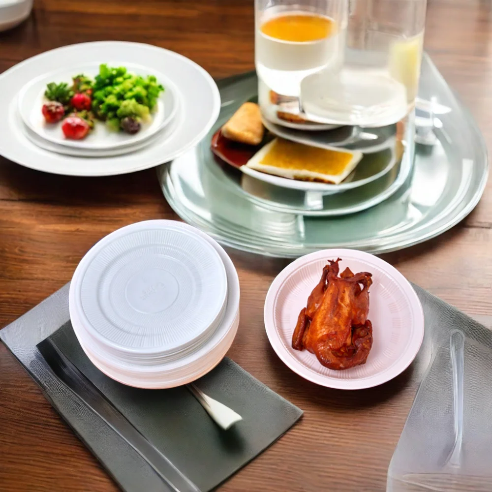 White Plastic Round Plastic 7 Inch Plates Disposable Plastic Dishes Dinner Plates for Parties Weddings