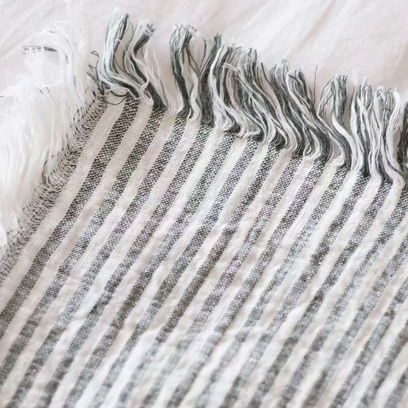 100% flax linen throw blanket pillow covers towel picnic waffle double side handmade fringed washed striped natural for baby bed