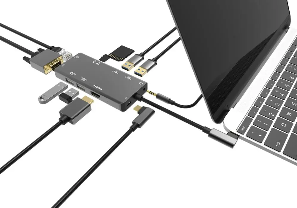 USB-C 3.0  to 2*USB with SD Card & TF Card & Audio & HDMI & VGA & PD3.0 & RJ45
