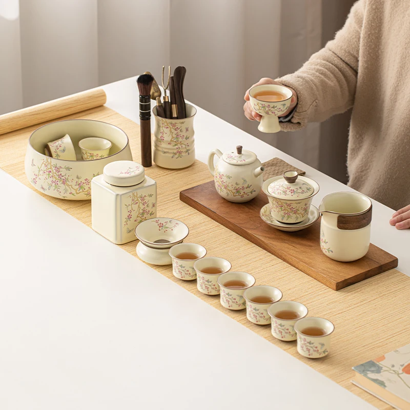 Traditional Chinese Wisteria Flower Ru Kiln Kung Fu Tea Set Ceramic Home Living Room Office Bowl Teapot with Gift Box Wholesale