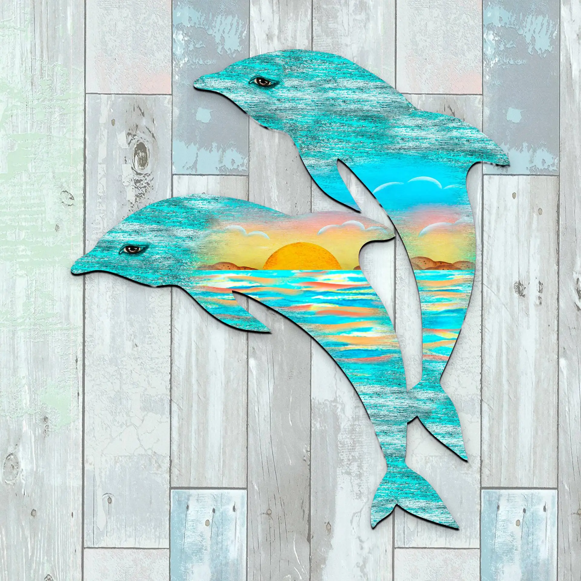 Dolphins Beach Sunrise Coastal Wreath for Front Door Decor Wooden Coastal Decoration Wreath Welcome Sign Door Pendant