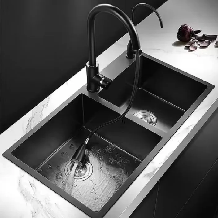 Modern Handmade Stainless Steel Nano Sink Black SUS304 Double Bowl Kitchen Sink Food Grade Oil Resistant Sink