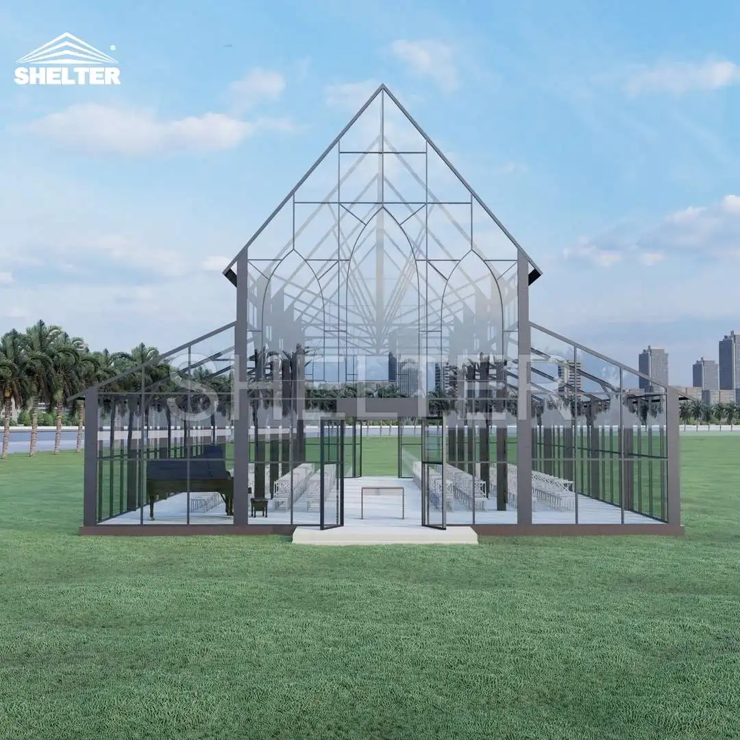 Commercial Atrium Tent Glass Sides Clear PVC Roof Black Coated Steel Frame Orangery Greenhouse Wedding Marquee Tent
