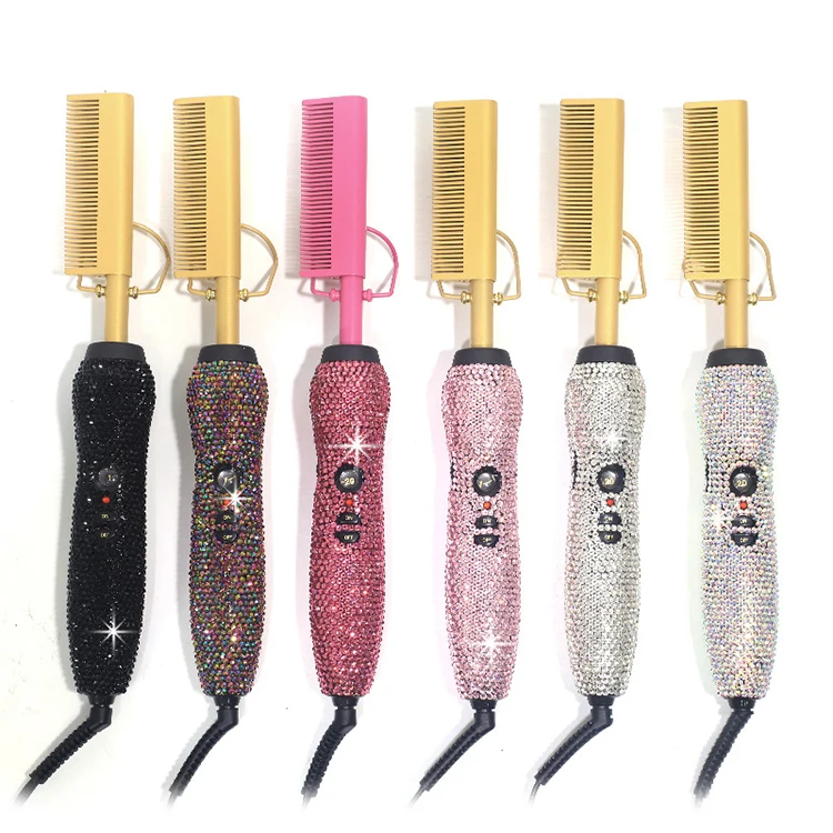 Wholesale Customize Oem 500 Degree Hot Comb Adjustable Temperatures Curler 2 In 1 Hair Straightener Bling Hot Comb Electric