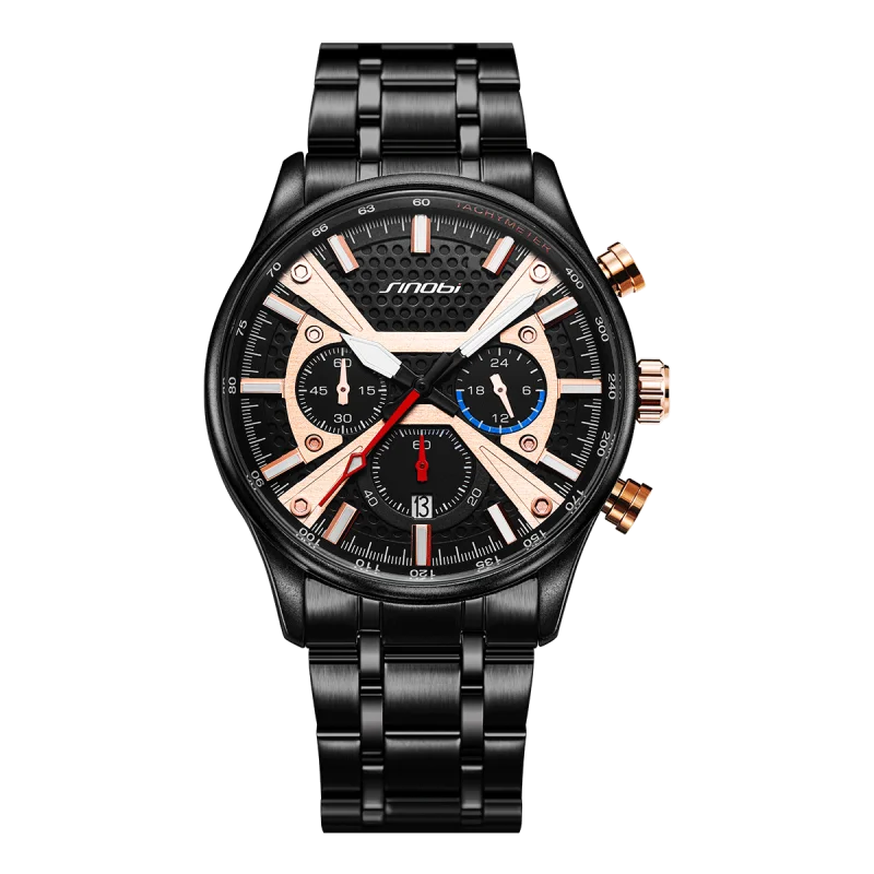 SINOBI Men Waterproof Cool Trend Large Dial Quartz Watch Brand Luxury fashion business black quartz watches with calender window