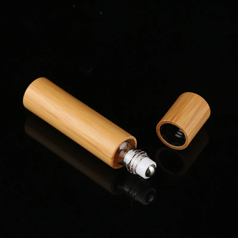 Essential Oil Roll On Bottles Bamboo Cover Glass Steel 5ml Essential Oil Roller Glass Bottle