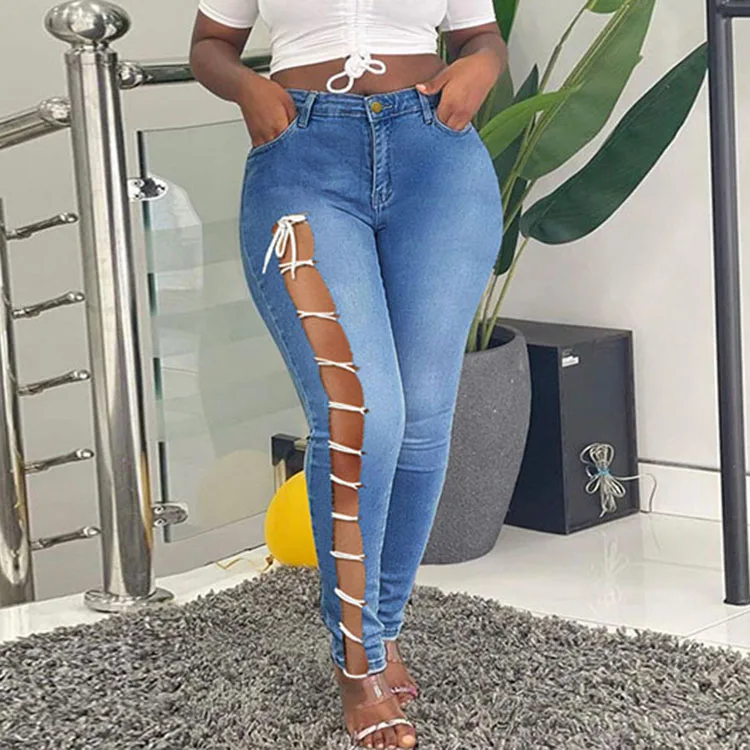 2021 Women Sexy Popular High Waist Bandage Pierced Design Plus Size Patchwork Denim Pants & Jeans