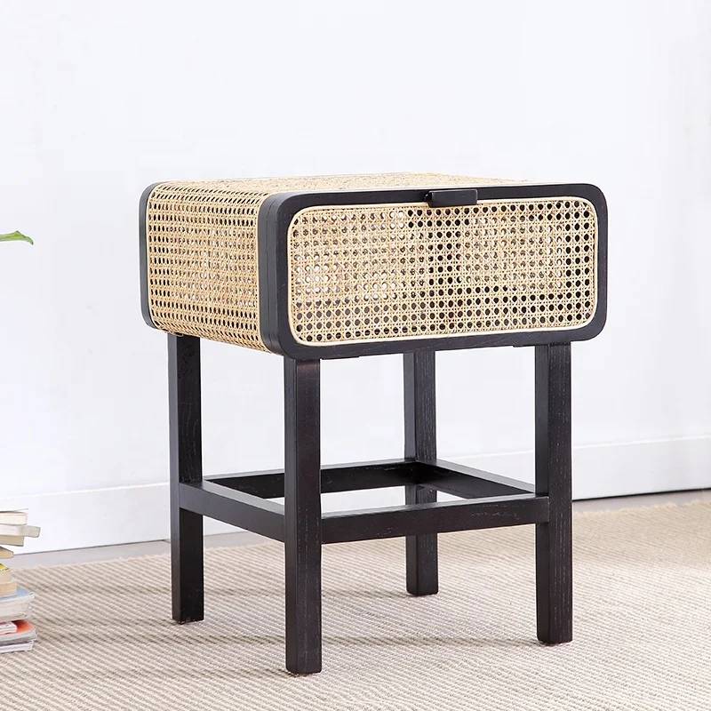 
Natural Rattan Cane Wood Bedside Night Table 
