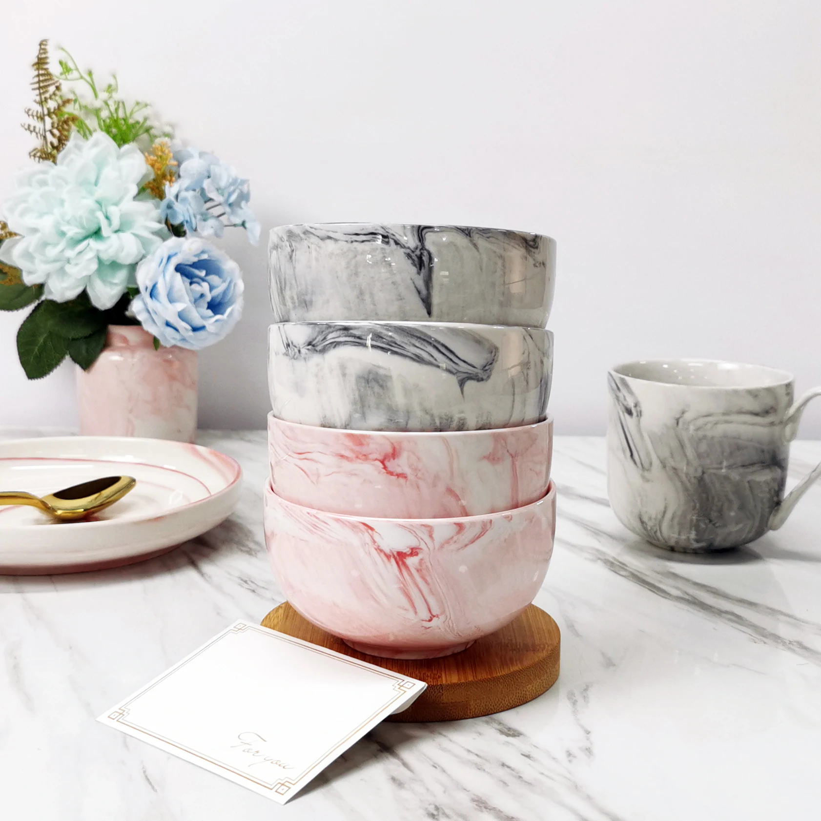 WKTB004 большая круглая миска с серым черным мрамором суповая лапша хлопьевая салатная фруктовая макарон логотипом заказчика фарфоровая для риса керамические