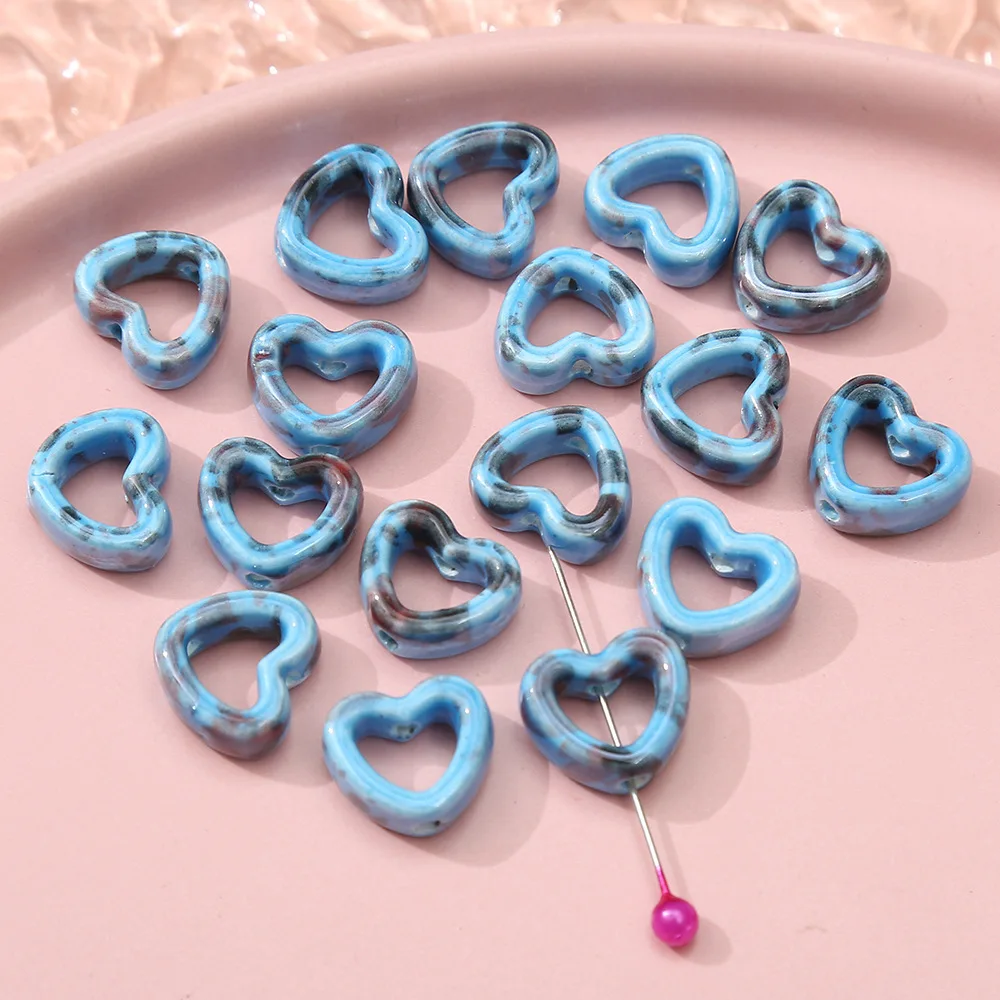 Wholesale new style Hollow Heart shape Ceramic Beads colorful porcelain beads for bracelet making