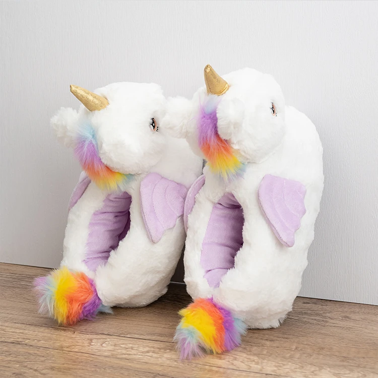 Wholesale custom colors fuzzy soft cozy winter warm cartoon kids animal cute cotton indoor home plush unicorn slippers for women