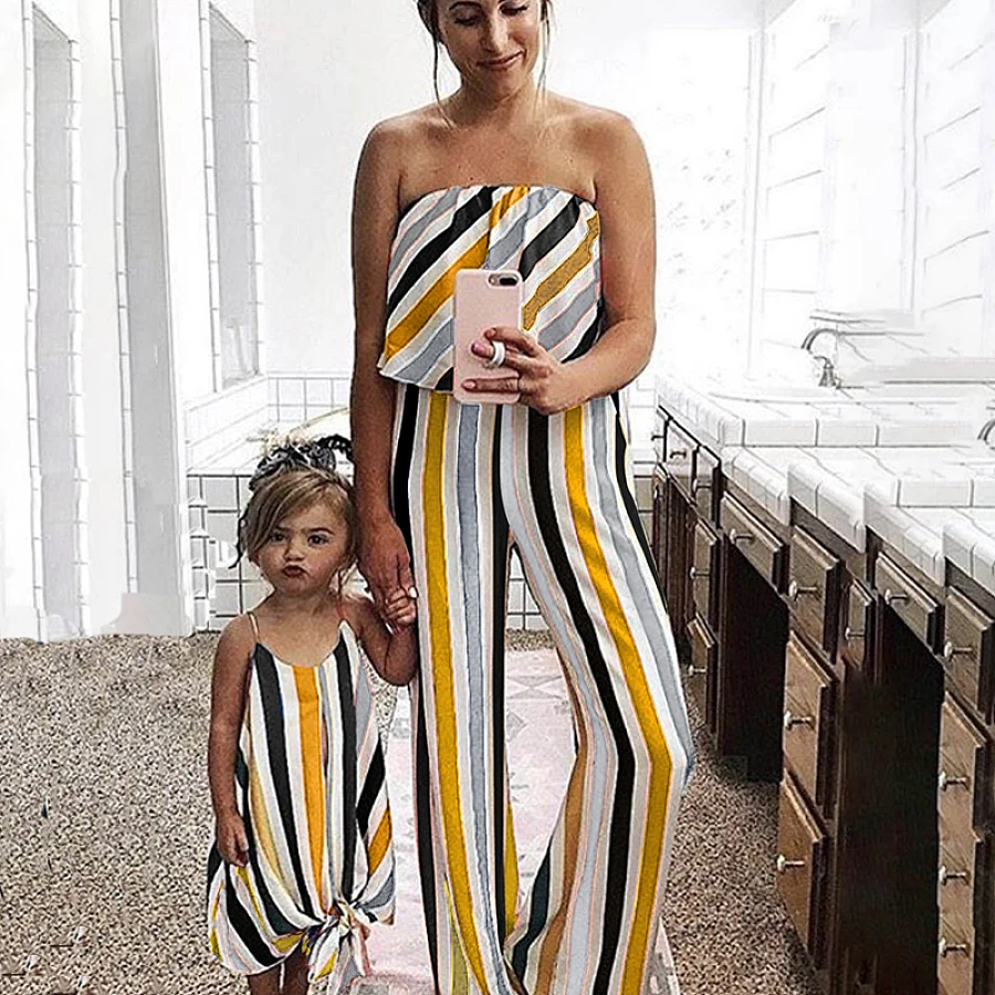 
2020 hot selling mommy and me jumpsuit wide bottom pants for parent-children cute strip print off shoulder ruffle Maxi Dress 