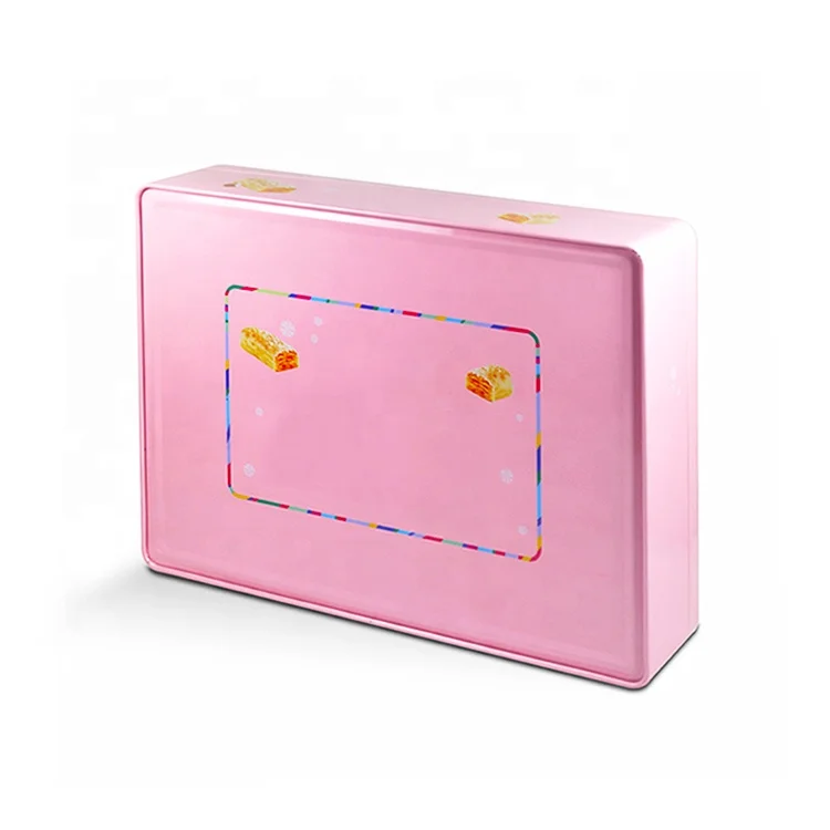 Custom rectangular metal tinplate packaging box food tin box with plastic inner tray for cookies biscuits pastry chocolate