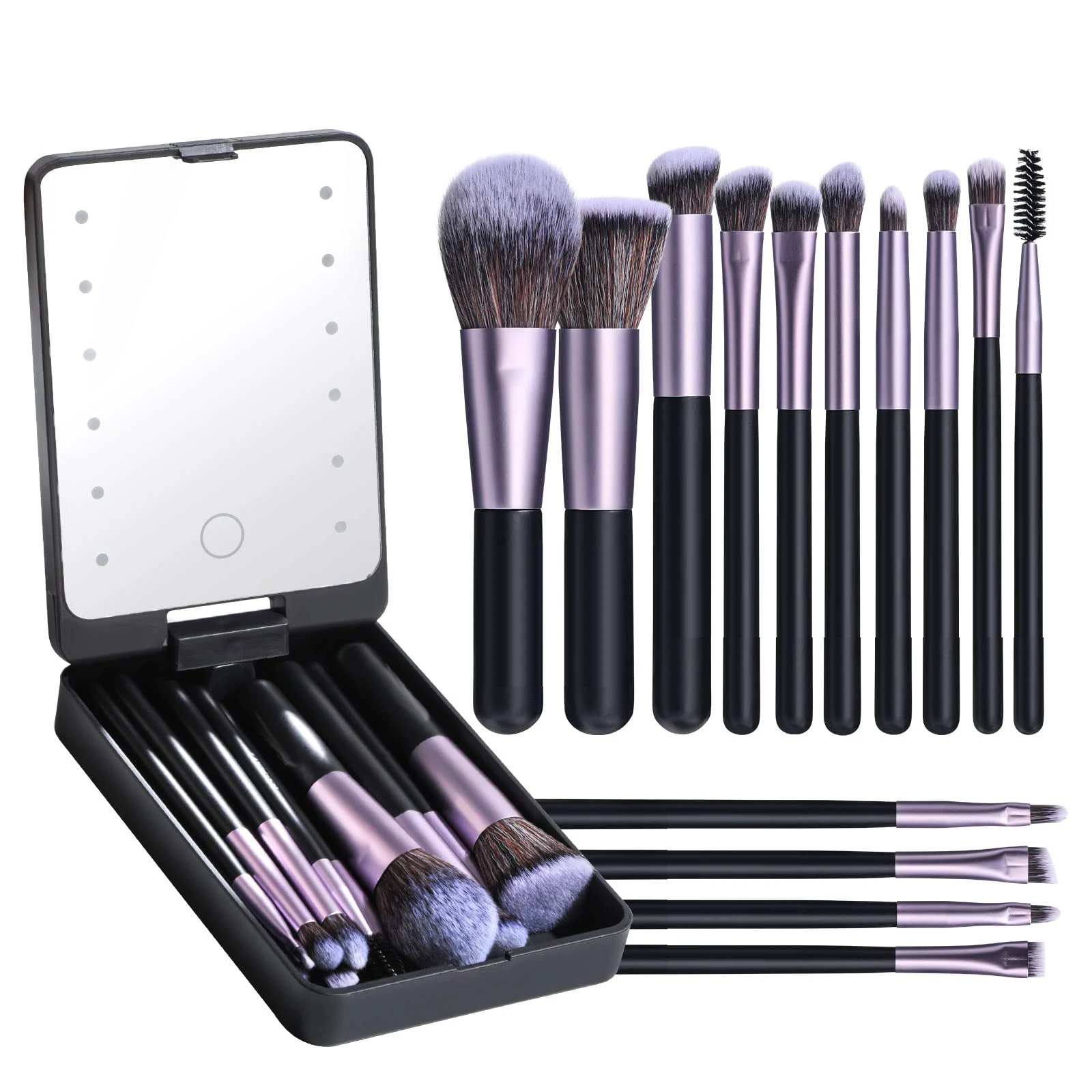 Private Label 14 Pcs Foundation Powder Concealer Eye Shadows Makeup Set Travel Mini Makeup Brush Set With LED light Mirror