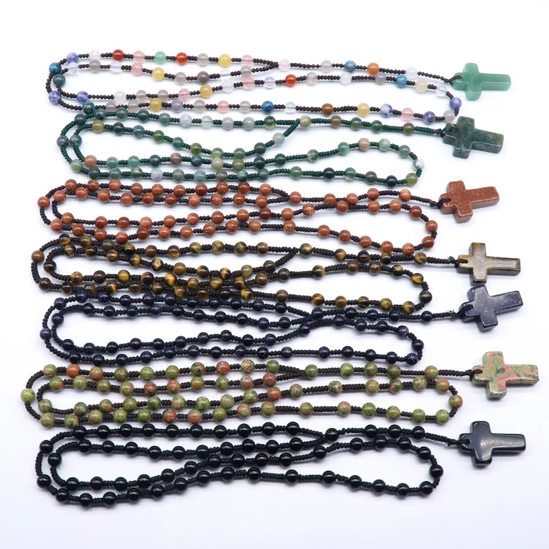 Christian Knot Mala Beads Meditation Yoga Natural Stone Beaded Crystal Gemstone Cross Pendant Mala Rosary Necklace Men Women