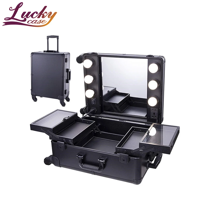 Black Studio Makeup Train Case Aluminum Trolley Cosmetic Rolling Organizer Table Box With LED Lights& Mirror