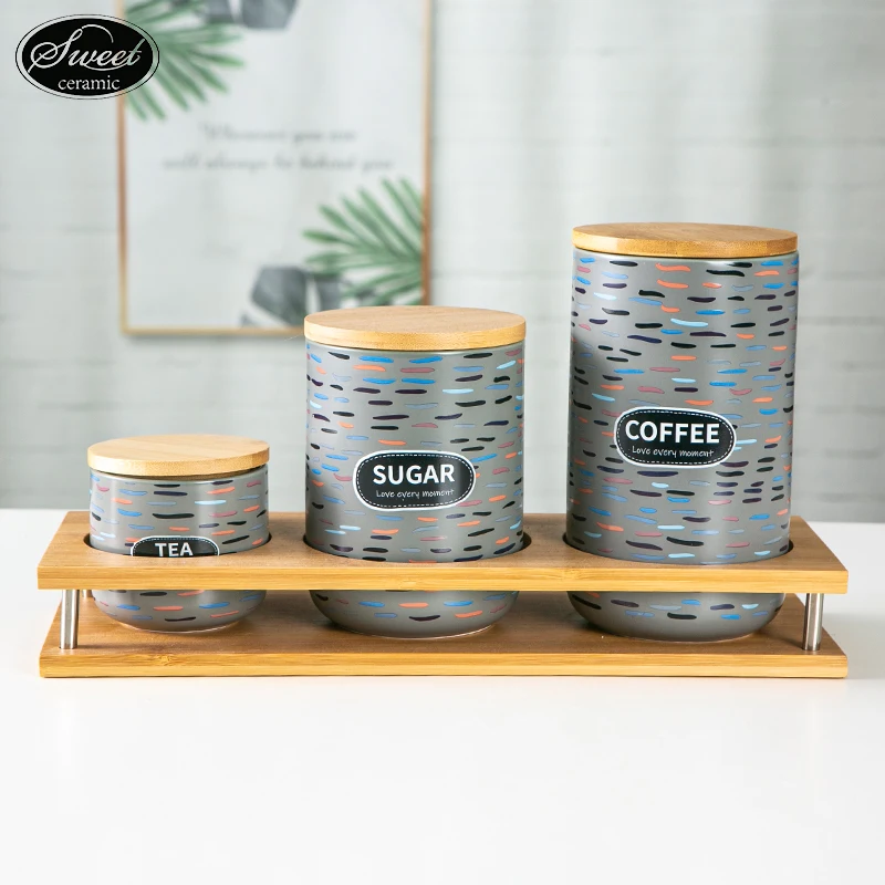 Wholesale  kitchen decorations ar 3pcs set Tea Coffee Sugar Storage Jar Ceramic Coffee Canister With Bamboo Wood Lid gift