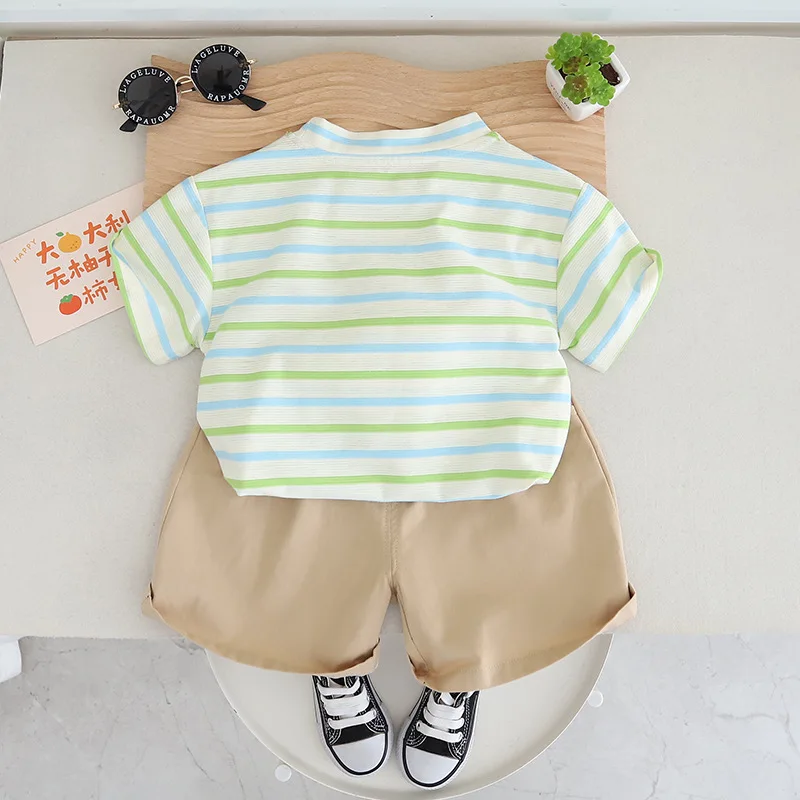 Baby Boy Summer Cute Cartoon Stripe Design T-shirt Cotton Short Clothing Two-piece Sets