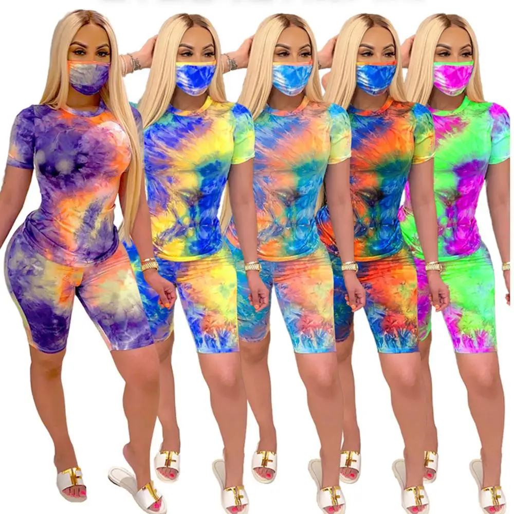 
2020 Sport Hot Sale Tie Dye Women 2 Pieces Clothing Set Tshirt and Short Pants Set Stretchy Women 2 Piece Jogging Set 