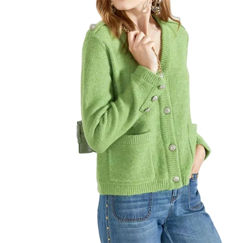 
2021 new fashion reversed Jersey long sleeves buttons lurex autumn spring winter top apparel women Cardigan knitwear 