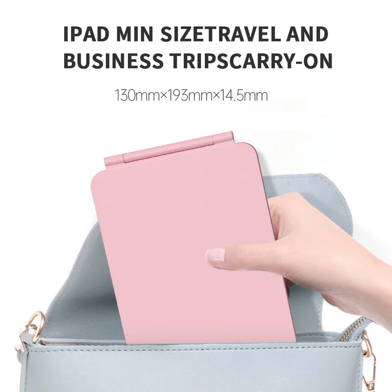 2024 New Beauty ODM Led Foldable Travel Makeup Mirror Touch Screen Portable Standing Adjustable Folding PU Mirror With Led Light