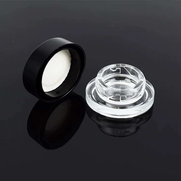 Oval type shaped low profile concentrate glass jars clear container oil smell proof black plastic child proof cap lid logo print